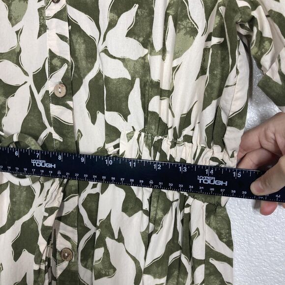 ZARA Shirt Dress Womens XL Green Cream Leaf Print Button Front Belted Midi - Picture 9 of 16